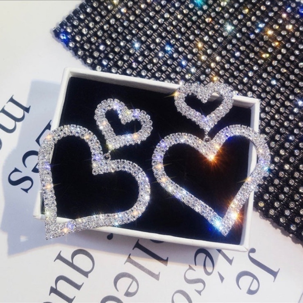 Silver Heart rhinestone bling gem Diamond earrings dangle
